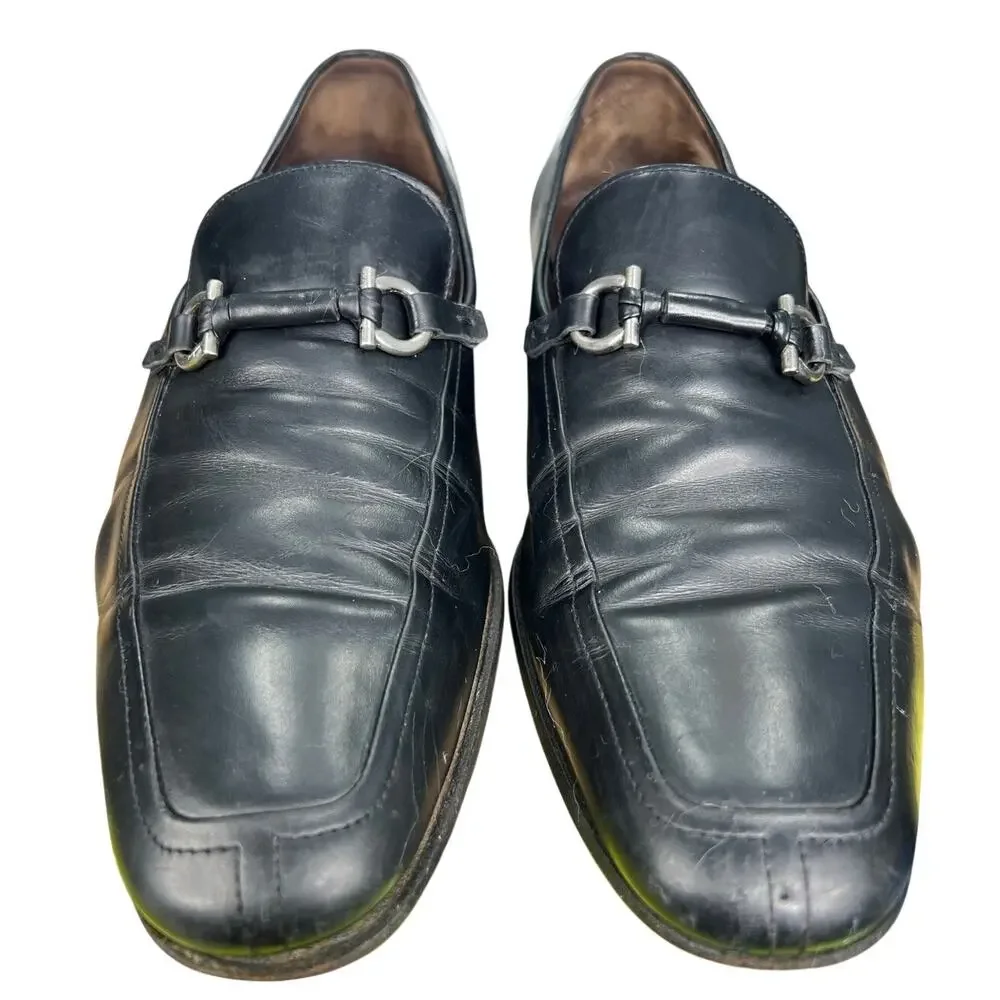 Vintage Salvatore Ferragamo Gancini Black Leather Slip On Loafers Size 9 2 EE